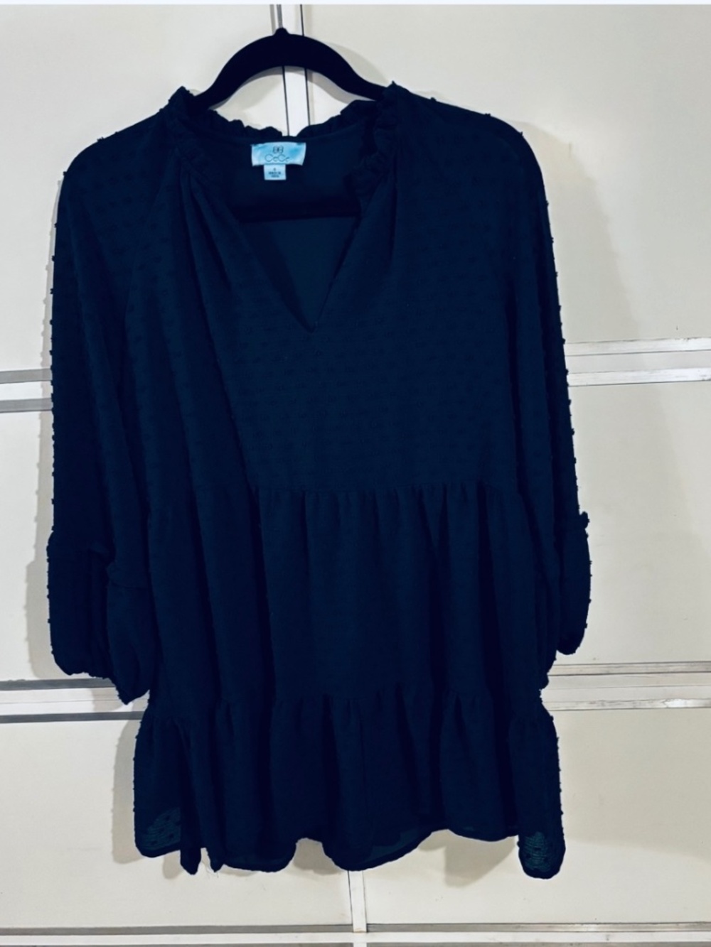 EUC Cece Babydoll Dress Dotted Navy Blue L/S Size Small